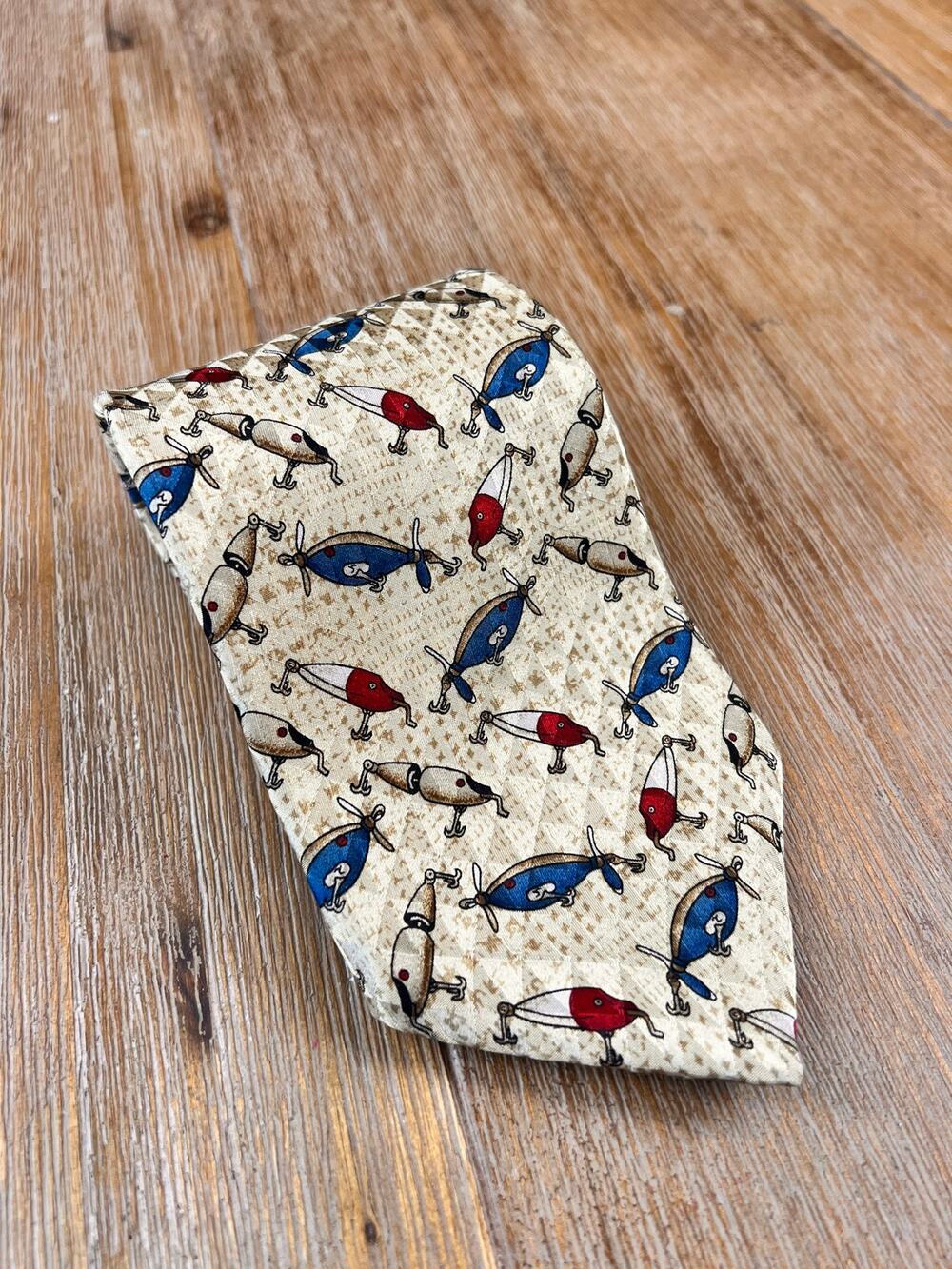 Bravini 100% Silk‎ Tie Made USA Vintage Fishing Lure Novelty Necktie Fish